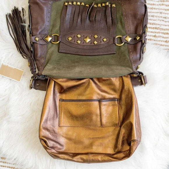 NWT! MICHAEL KORS COLLEGIATE STUDDED BROWN LEATHER OLIVE GREEN SUEDE BAG - Picture 15 of 15